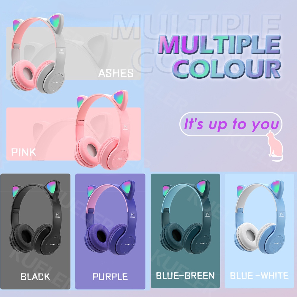 Tai Nghe Mèo Bluetooth P47M, Tai Mèo Dễ Thương Có Mic, Âm Bass Mạnh Mẽ Nghe Nhạc Cực Hay Bảo Hành 1 Năm