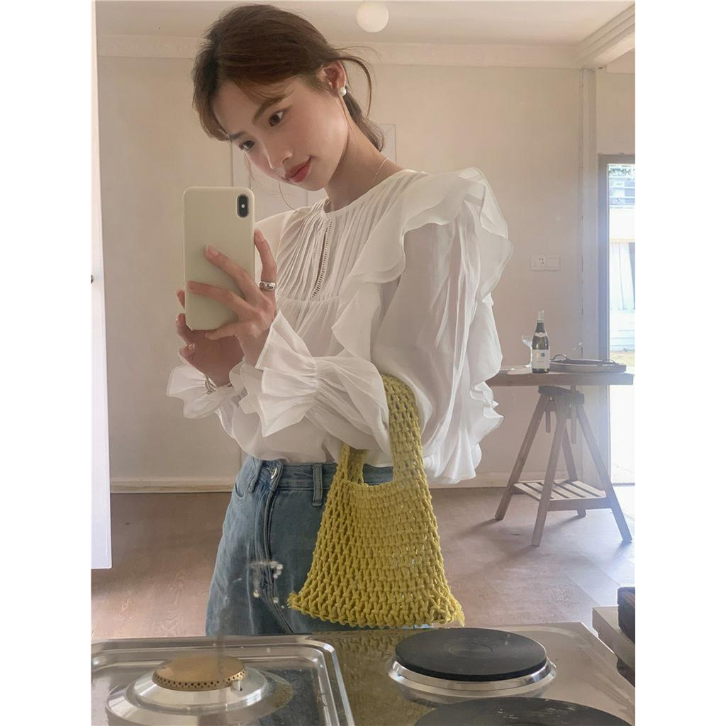 Áo Sơ Mi Trắng Dài Tay Xếp Ly Tinh Tế 61912