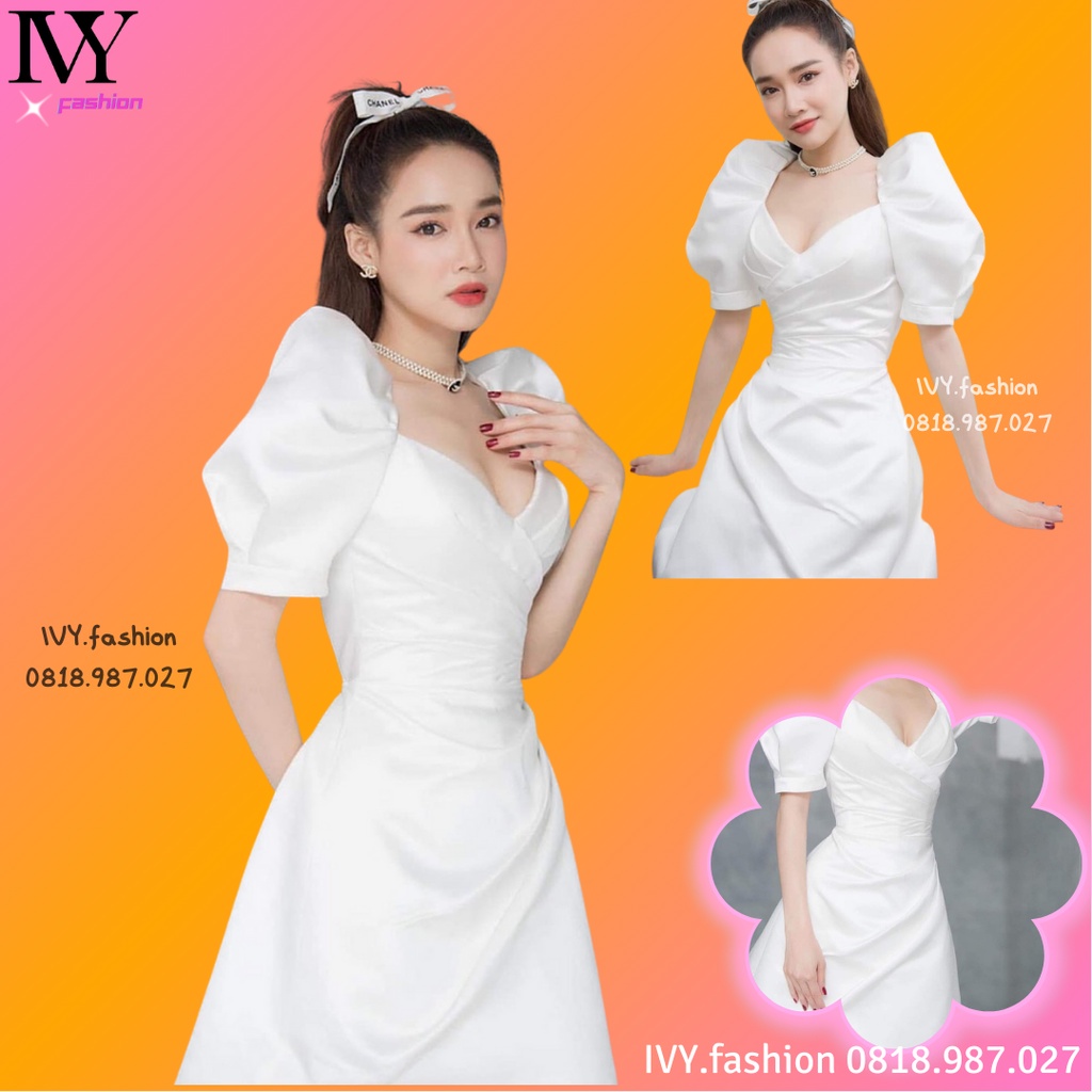 Đầm váy xòe đắp chéo ngực 🔥phi mờ cao cấp🔥 tay phồng xếp ly eo cổ V trắng chữ A ngắn dạ hội đi biển dự tiệc bigsize