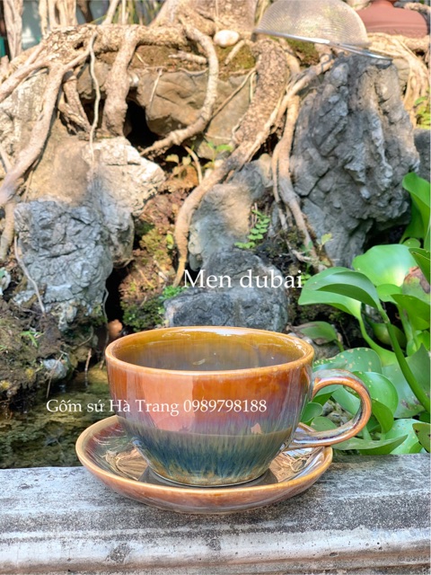 Set cốc đĩa capuchino gốm sứ Bát Tràng cao cấp men hoả biến hồng tuyết trà ngọc trai