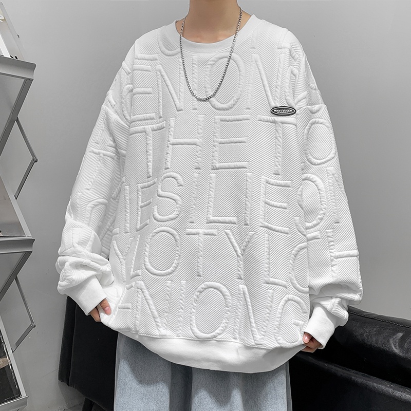 Áo thun sweater chui đầu cổ tròn dáng rộng phối chữ nổi thời trang mùa thu dành cho cặp đôi