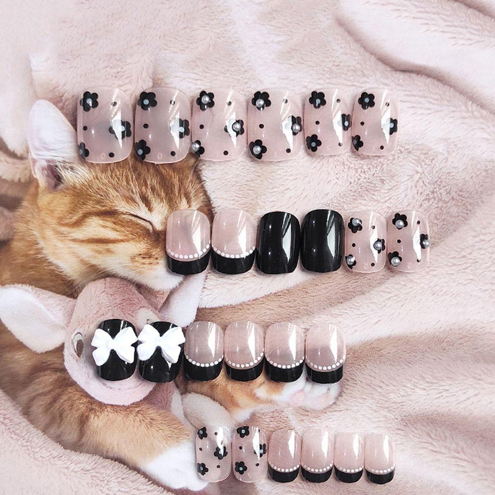 Bộ Móng Tay Giả Ngắn Tháo Rời Được Hình Nơ Hoa Phong Cách Nhật Bản