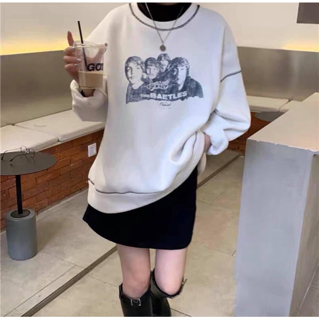 Áo Nỉ Dài Tay Form Rộng Kẻ Viền The Beatles - Sweater suông trơn oversize họa tiết cá tính, thiết kế năng động trẻ trung