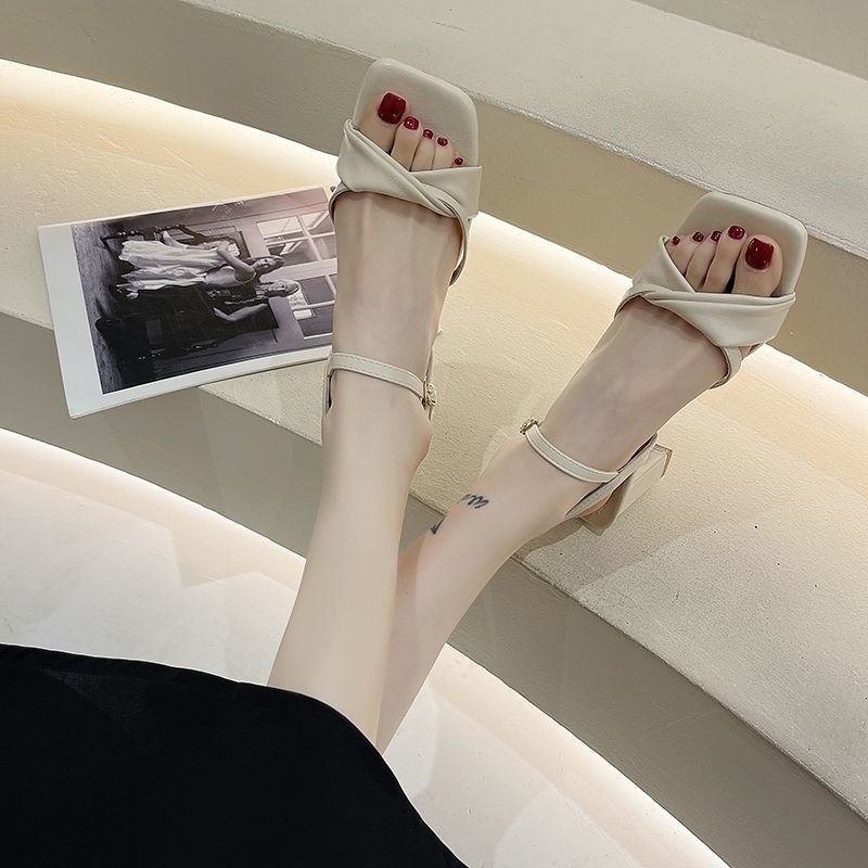 Fairy style sandal 2021 nữ mới mùa hè gót dày đế vuông lưới tính khí người nổi tiếng Phiên bản hàn quốc giày c
