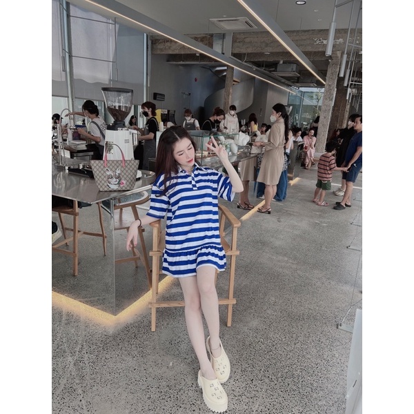 VÁY POLO BABY DOLL ĐUÔI BÈO TRẮNG KẺ XANH
