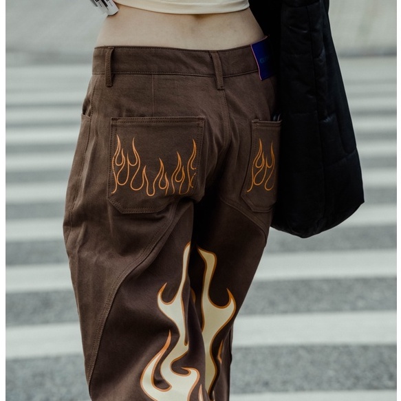 Quần jeans nâu baggy local brand Clownz New Flame Pants ống rộng unisex nam nữ