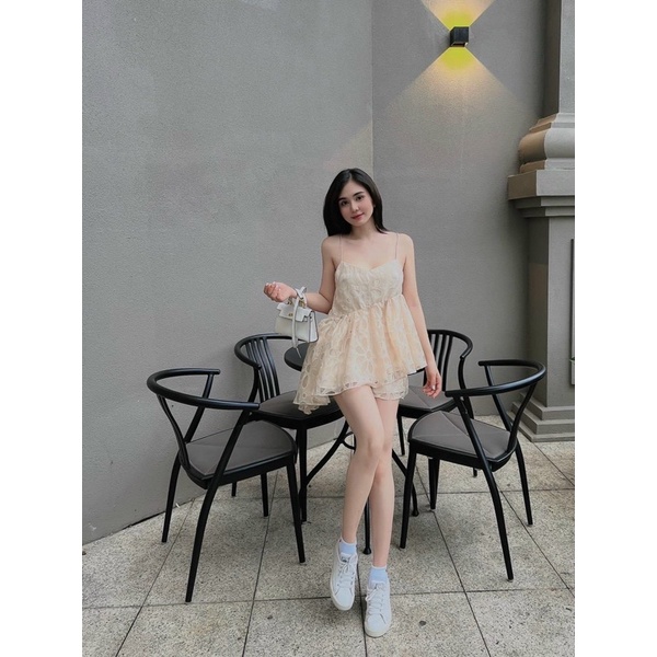 Set áo ren peplum 2 dây quần short xanh
