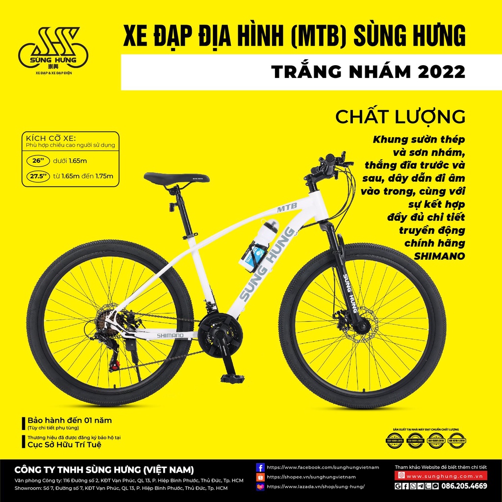 Xe đạp địa hình (MTB) Sùng Hưng - Trắng nhám 2022, 26 inch / 27.5 inch, phụ kiện chính hãng Shimano