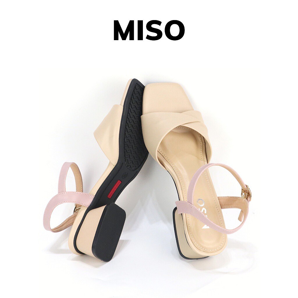 Giày sandal nữ quai ngang đắp chéo phối màu pastel êm chân mũi vuông cao 3cm MISO M043