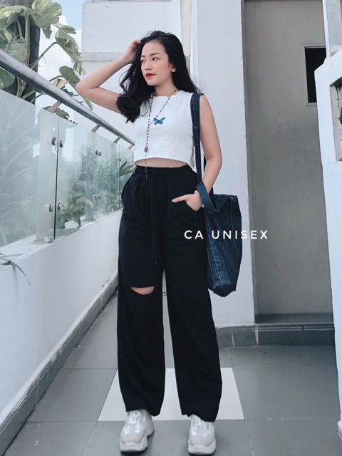 Quần Nỉ Thun Ống Rộng Rách Gối IRU Jem Closet Nam Nữ Unisex ( Hình Thật + 2 màu + có quà tặng kèm )