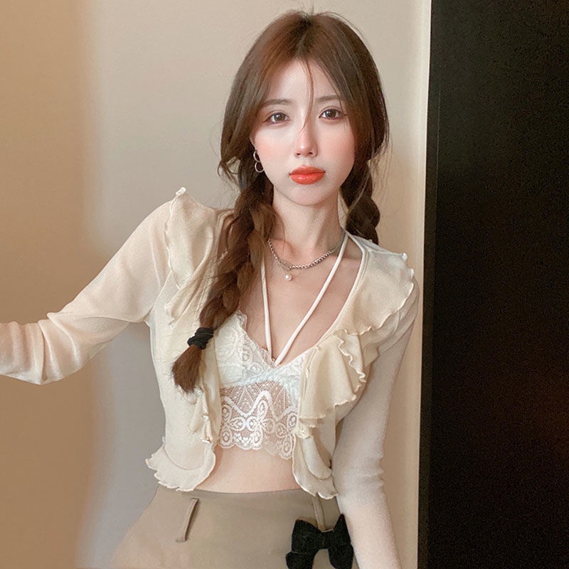 COZOKC COZOK Áo cardigan dệt kim COZOK tay dài phối bèo kiểu dáng thời trang