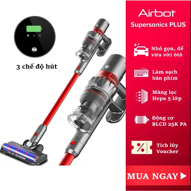 Máy hút bụi không dây cầm tay Airbot Supersonics Plus Đèn chiếu sàn. Màn hình hiển thị OLED 25.000Pa 3 mức hút.