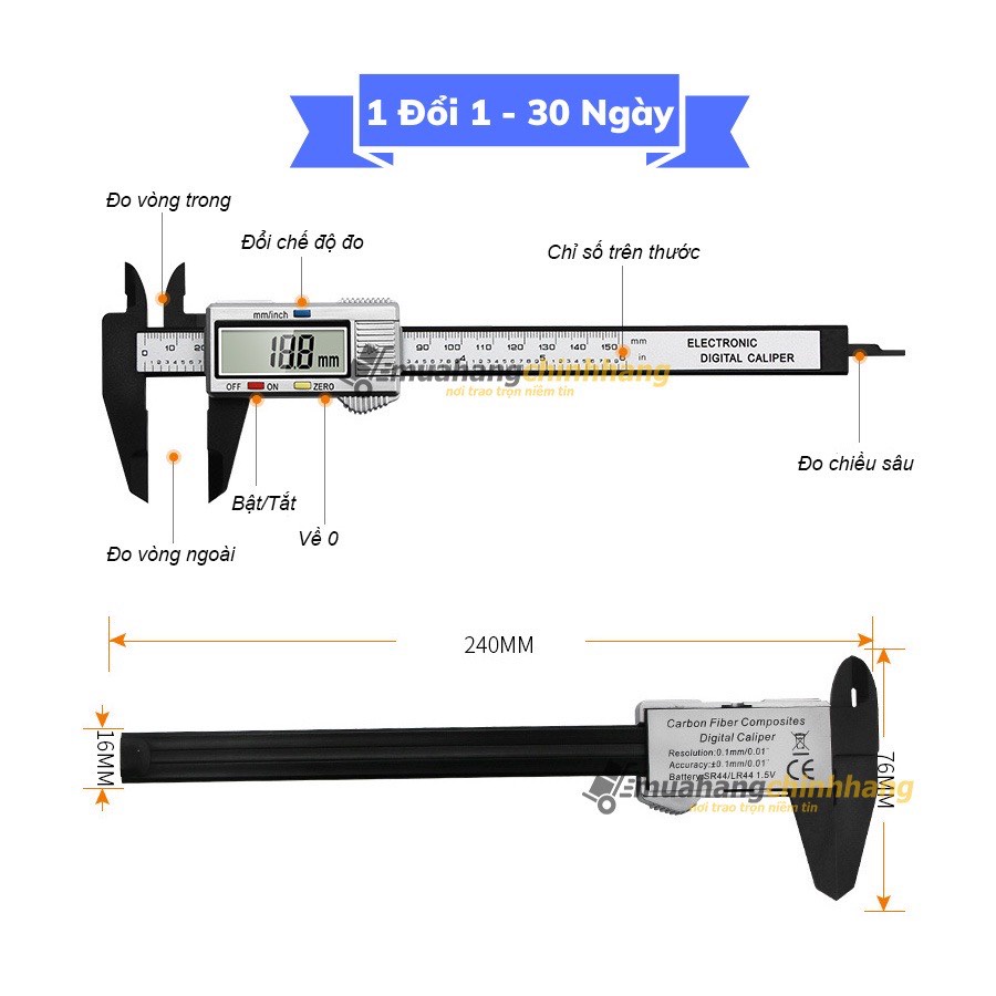 Thước kẹp điện tử, đo đường kính sợi nhựa carbon syntek đen, màn hình LCD, 150mm