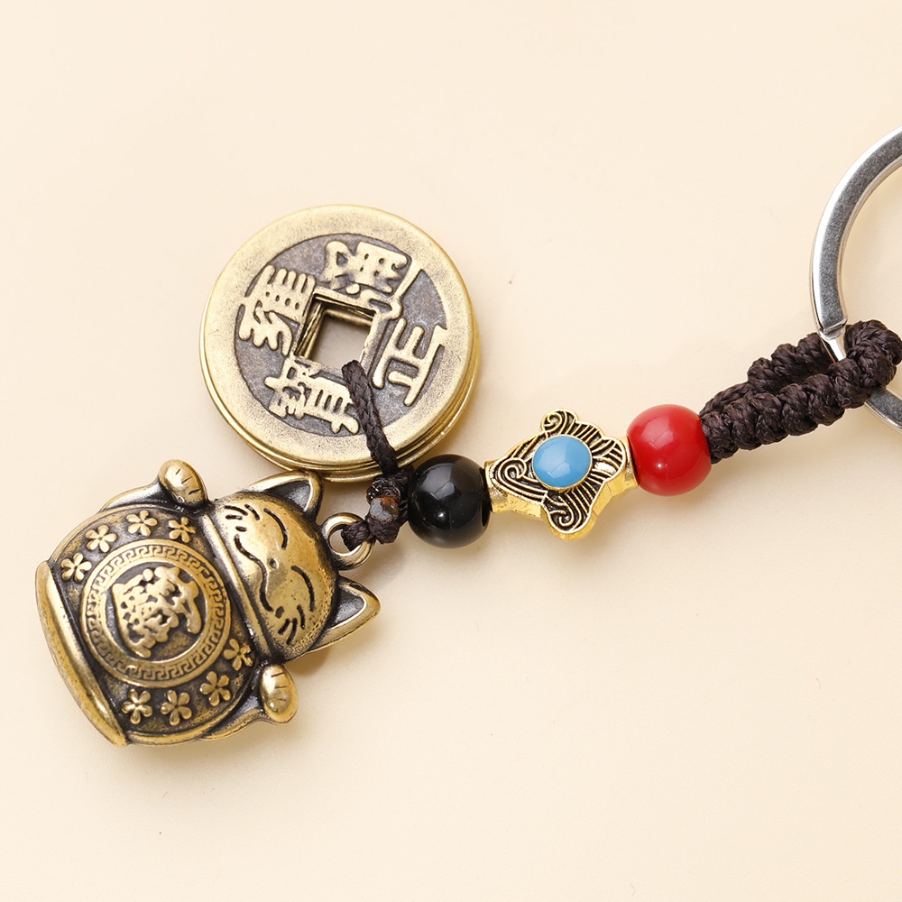 Móc Khóa Đồng Thau Kiểu Dáng Mèo May Mắn Dây 5 Đồng Xu Đem Lại May Mắn Chiêu Tài Lộc