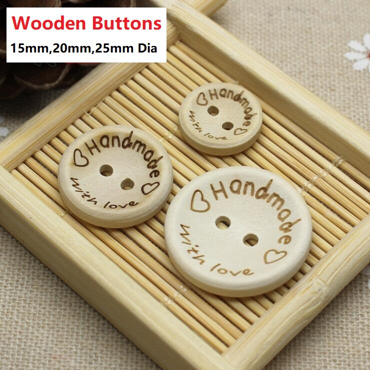 Bộ 10 Nút Gỗ 2 Lỗ Hình Trái Tim Đường Kính 15mm / 20mm / 25mm