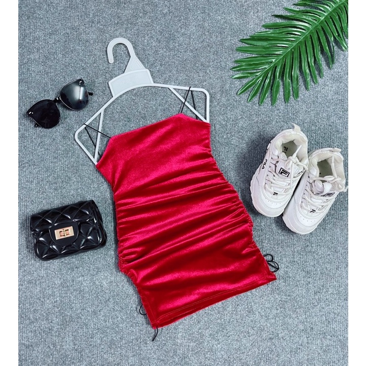 Đầm Body Nhung Dây Rút Hở Lưng Dây Chéo Cho Bé Gái Sành Điệu