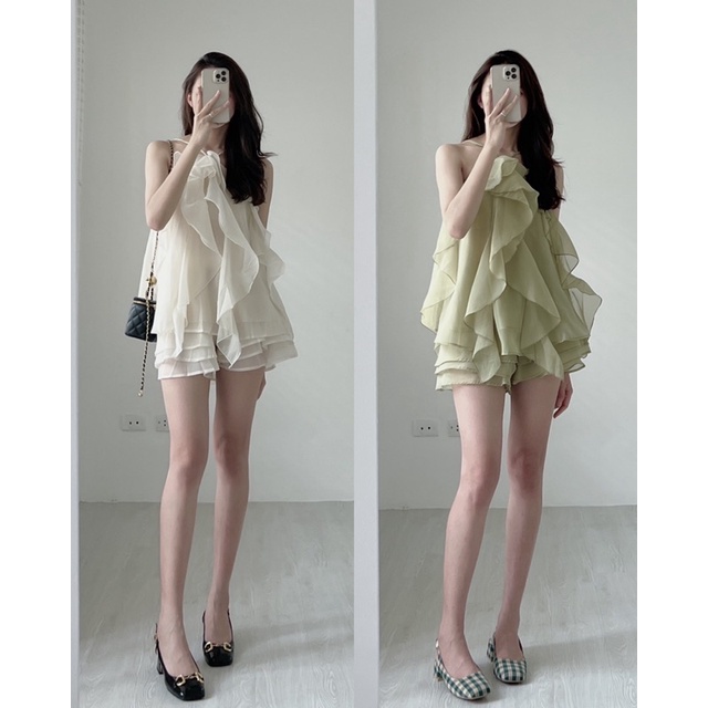 S5781 Set voan tơ cổ yếm Audrey