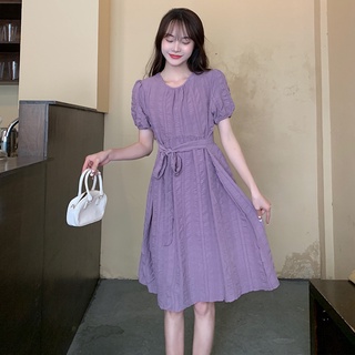 Váy đầm tím cổ tròn tay ngắn thắt eo dáng dài basic phong cách Ulzzang