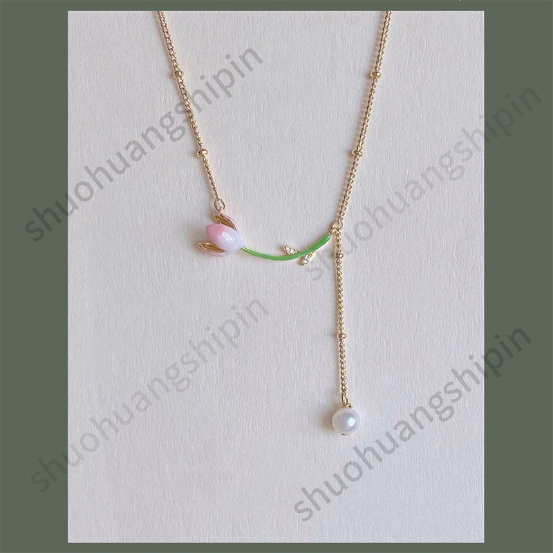 Dây Chuyền Mặt Hoa Tulip Đính Ngọc Trai Nhân Tạo Thanh Lịch