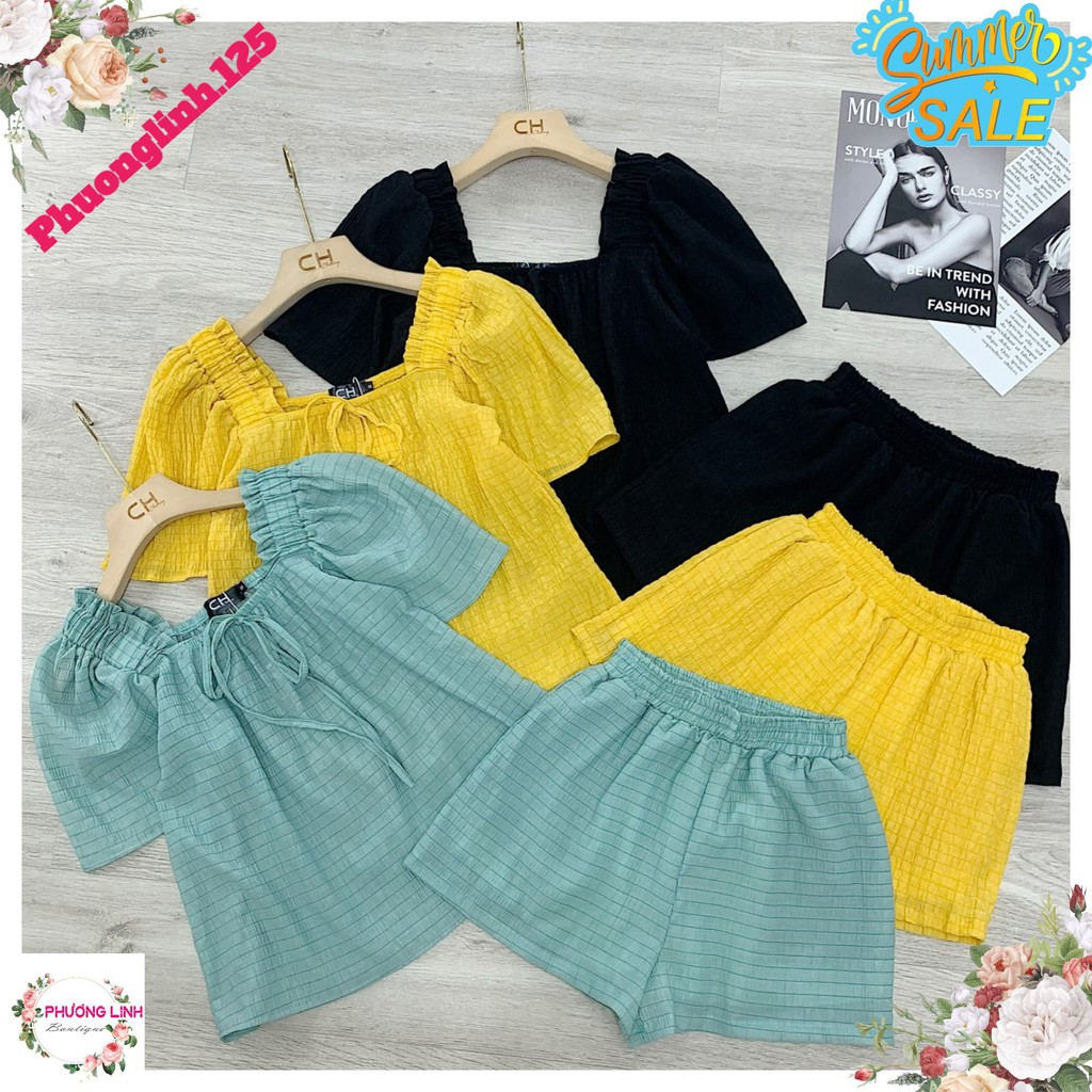 ⚡️phuonglinh.125 ⚡️ SET ĐŨI XỐP KẺ CỔ VUÔNG CHUN VAI 3M