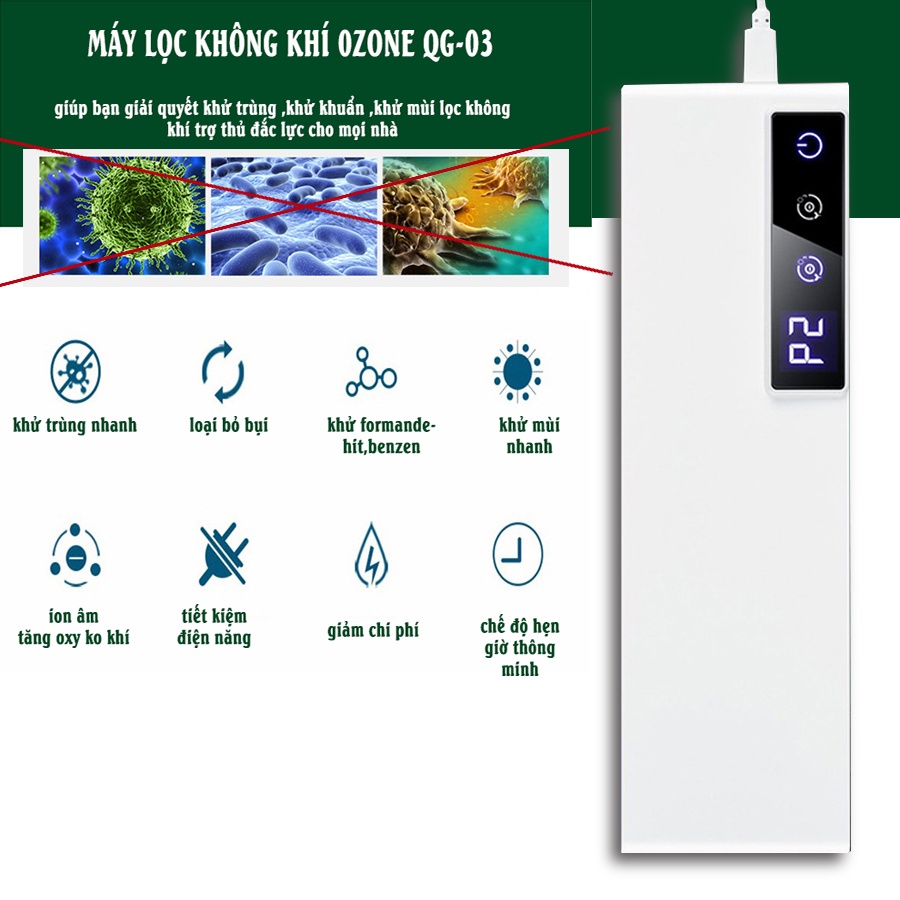 Máy lọc không khí Ozone QG-03 khử mùi ,khử trùng cho nhà bếp,nhà vệ sinh ,xe hơi ,phòng ngủ đến 99%