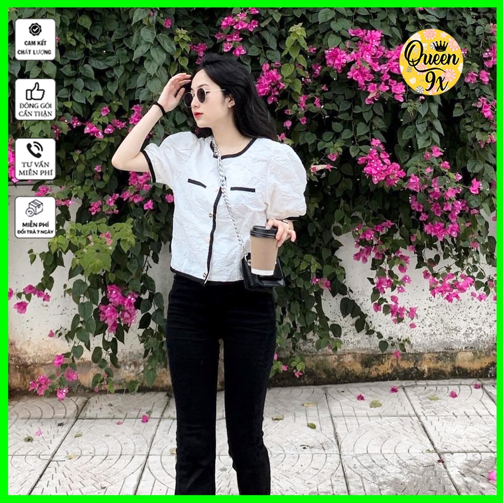 Áo Sơ Mi Cúc Ngọc Chất Xốp Hoa Viền Đen Trắng Dáng Tiểu Thư,áo sơ mi nhiều kiểu dễ thương