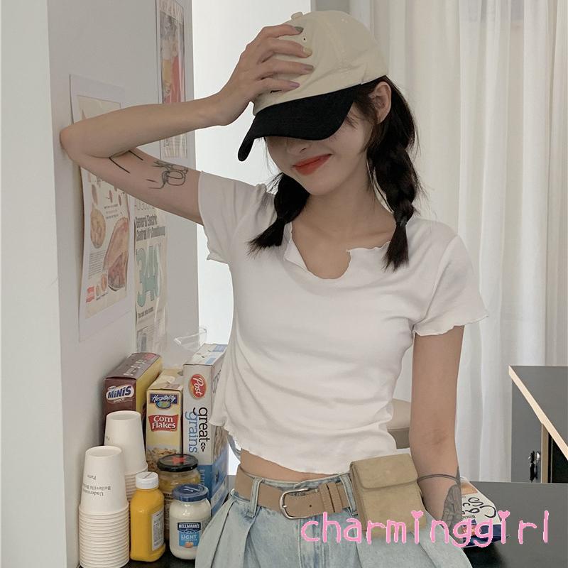Áo thun croptop tay ngắn cổ chữ V màu trơn phong cách đơn giản màu đen/xanh lá/hồng cho nữ