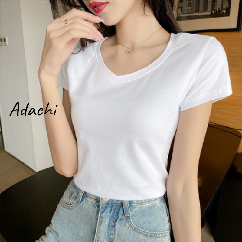 Áo Thun Nữ Cổ Tim Cộc Tay, Áo Phông Nữ Basic Dáng Ôm - Chất Liệu Thun Cotton Mềm Mịn Mát, Co Giãn 4 Chiều