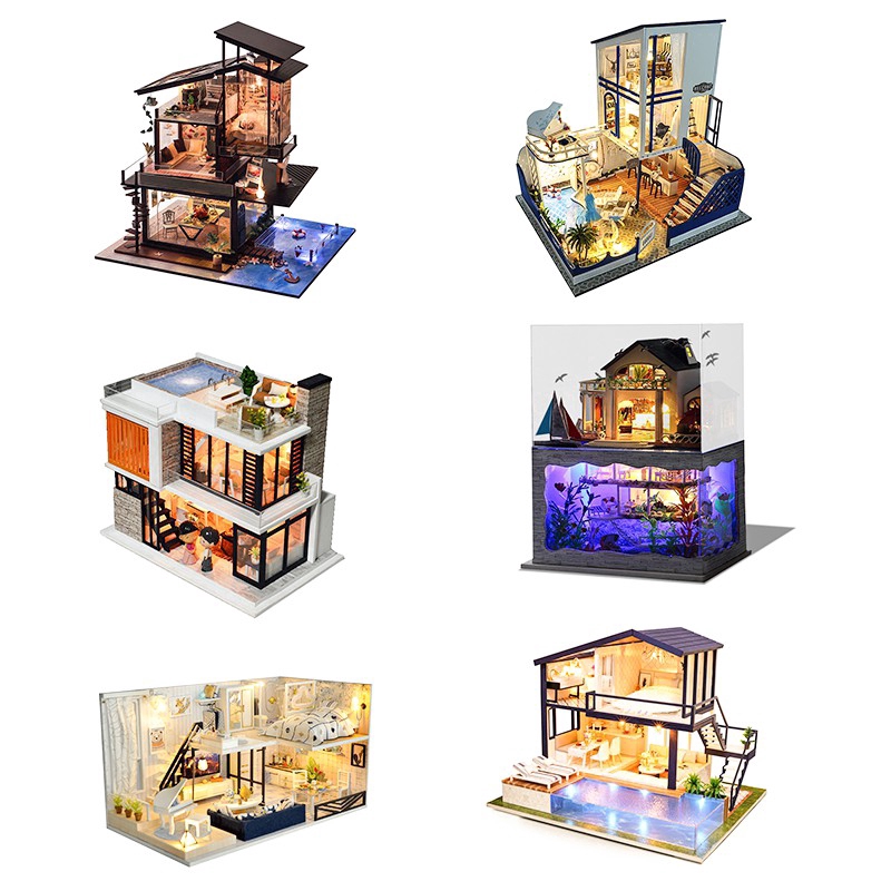 Mô hình nhà gỗ búp bê Tự, Bộ đồ chơi búp bê thu nhỏ với nội thất, làm Nhà thủ công Sưu tầm cho sở thích