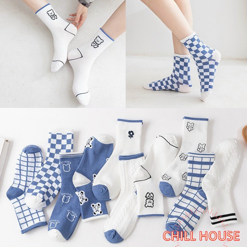 Tất nam nữ - tất cổ cao cotton tông màu trắng xanh cá tính thấm hút mồ hôi T781 CHILL HOUSE