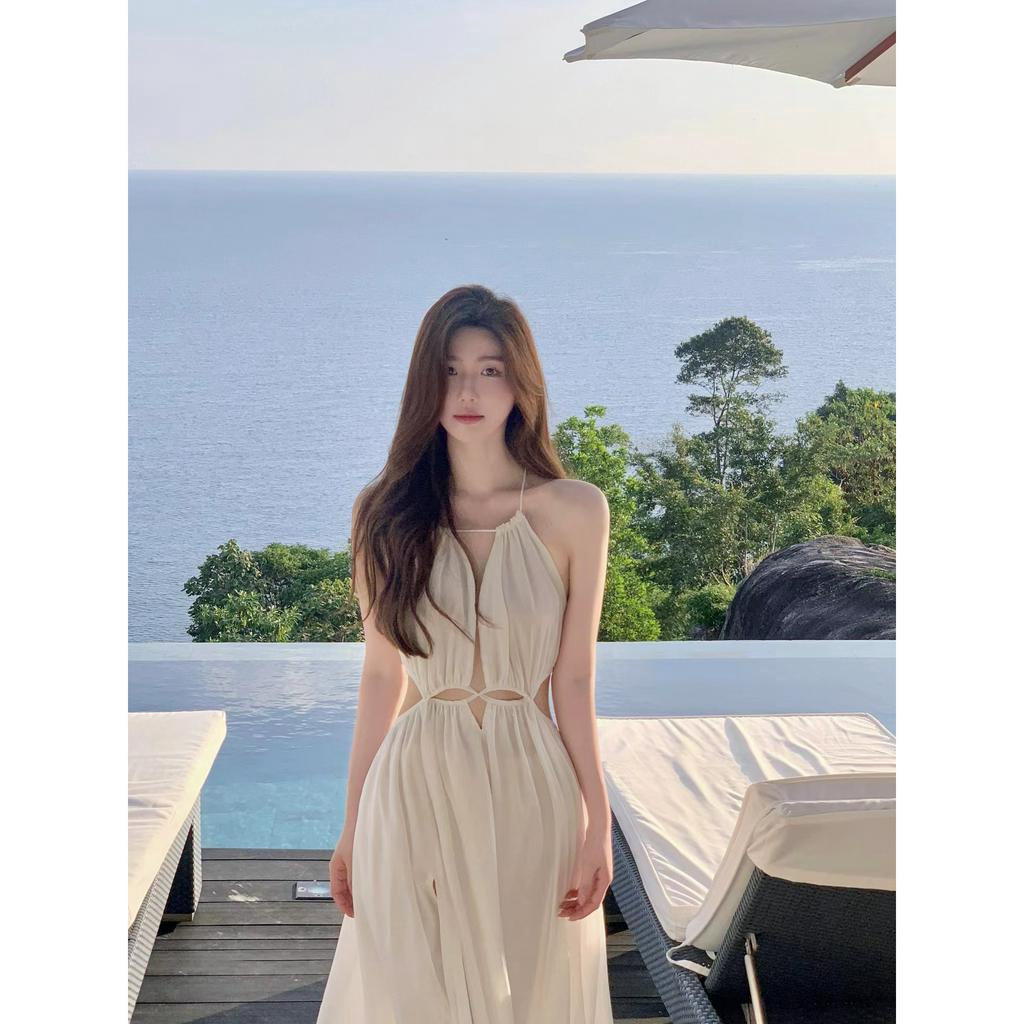 Lalisas Đầm Dài Không Tay Khoét Lỗ Màu Trắng Quyến Rũ Thời Trang Đi Biển Cho Nữ