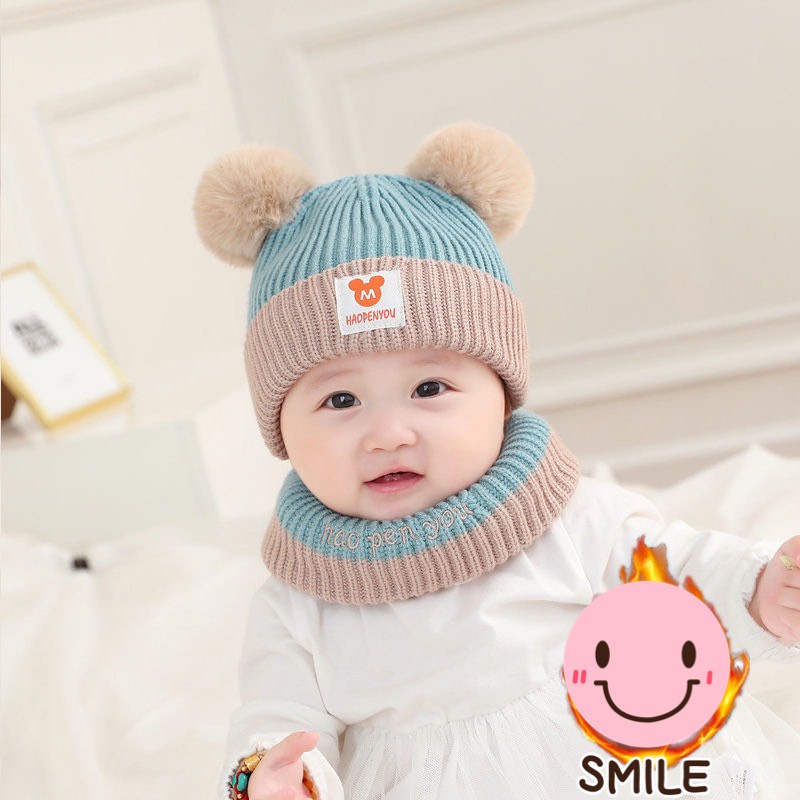 Mũ Len Kèm Khăn Quàng Cổ Nón Len cho bé 0-3 Tuổi Hàng Quảng Châu dày ấm