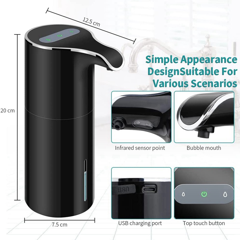 Bình Đựng Xà Phòng Tự Động 450ML Màu Đen Có Thể Sạc Lại Bằng Cổng USB