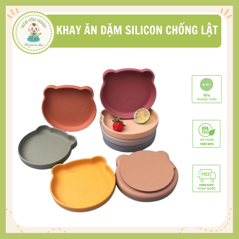 Khay ăn dặm silicon hình gấu nhỏ có đế hít chống lật cho bé