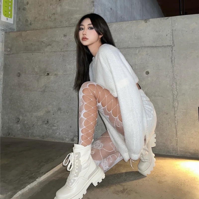 Whi Quần Tất Lưới Cá Nhiều Màu Sắc Họa Tiết Hoa Hồng Jacquard Bên Hông Khoét Rỗng Gợi Cảm