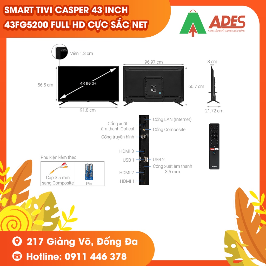 [Mã 154ELSALE2 giảm 7% đơn 300K] Smart Tivi Casper 43 inch 43FG5200 Full HD cực sắc net - BH chính hãng 24 tháng