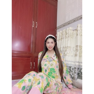Đồ Bộ Pizama Lụa Mango Cổ Nhọn Tay Dài