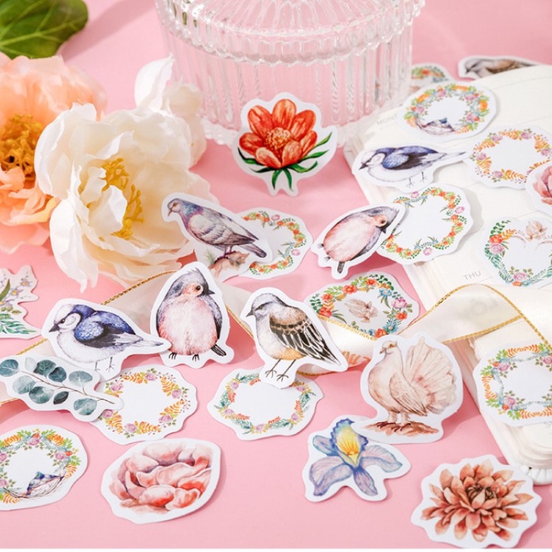 Hộp 46 Nhãn Dán Thung Lũng Hoa Và Chim Trang Trí Sổ Tay Bullet Jounal Sticker Dán Mo Card