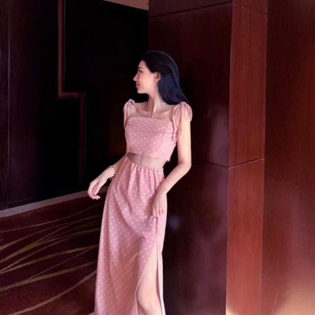 Set QCCC áo dây chân váy chấm bi