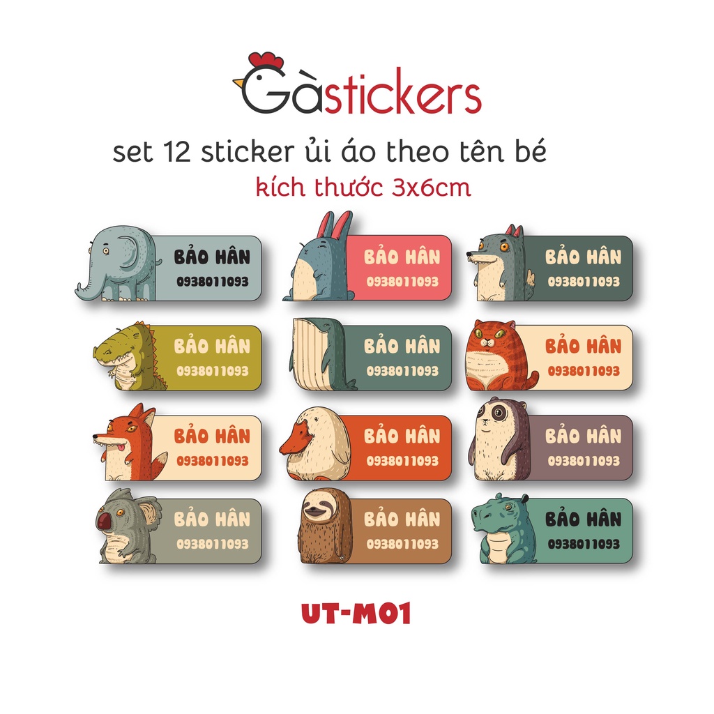 Sticker ủi áo in tên trẻ em GaStickers UT-M01 bộ 12 miếng kích thước 3 x 6 cm