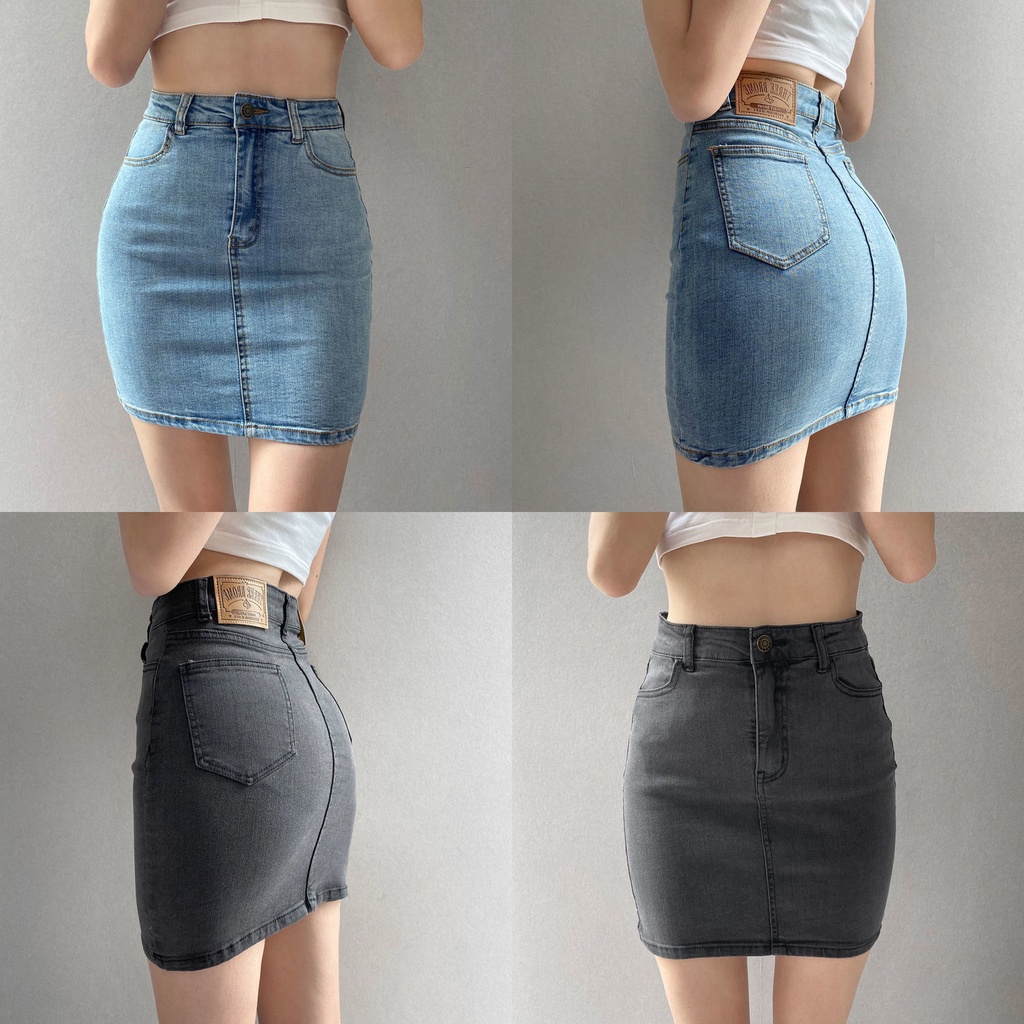 Chân Váy Jean Chữ A Dài Lưng Cao Co Giãn Phong Cách Retro