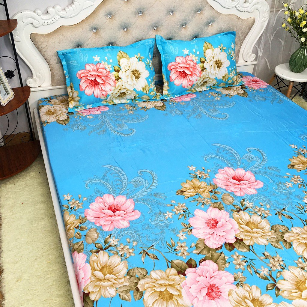 Bộ chăn ga gối Cotton Poly Mẫu HOA TRÀ XANH lãng mạn tinh tế gồm đầy đủ 5 món đủ kích thước ga giường 1m6, 1m8, 2m2 x2m