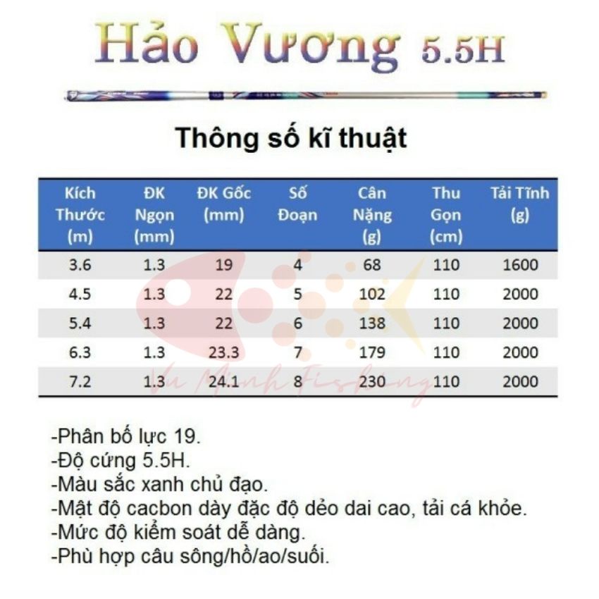 Cần Câu Tay Hảo Vương 5,5H. Cần Câu Đài, Câu Đơn Cao Cấp. Màu Sắc Bắt Mắt Có Hộp Sang Trọng. Tặng Kèm Ngọn Phụ, Lưỡi Câu