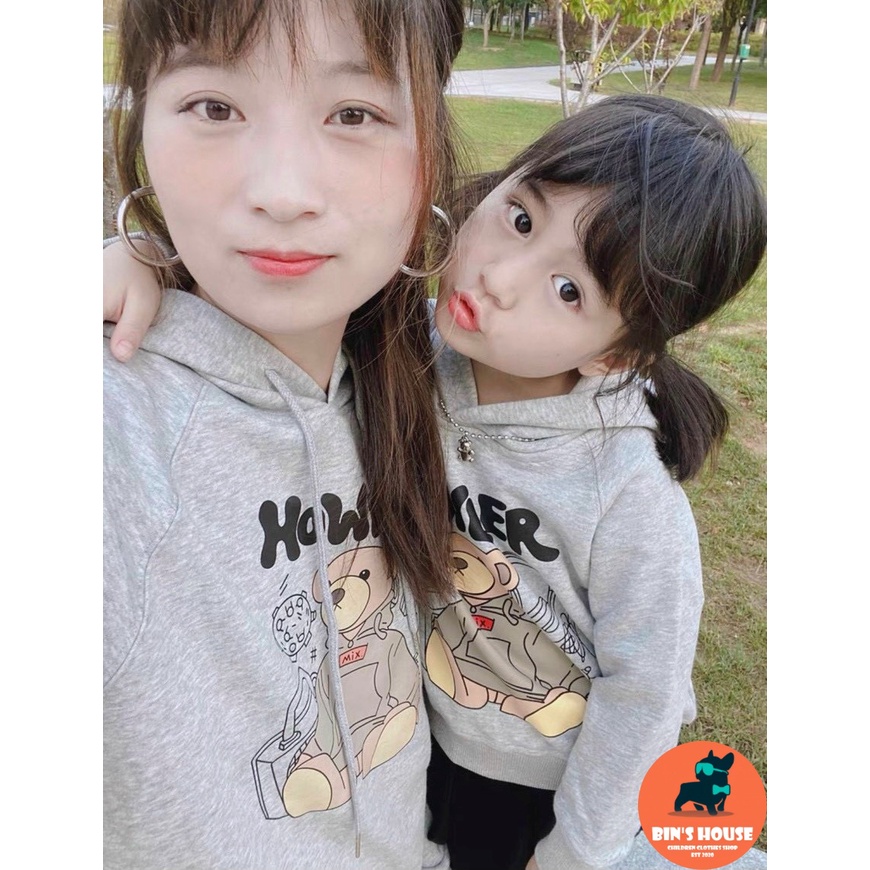Áo đôi mẹ bé hoodie nỉ bông xám hình gấu BINSHOUSE | BigBuy360 - bigbuy360.vn