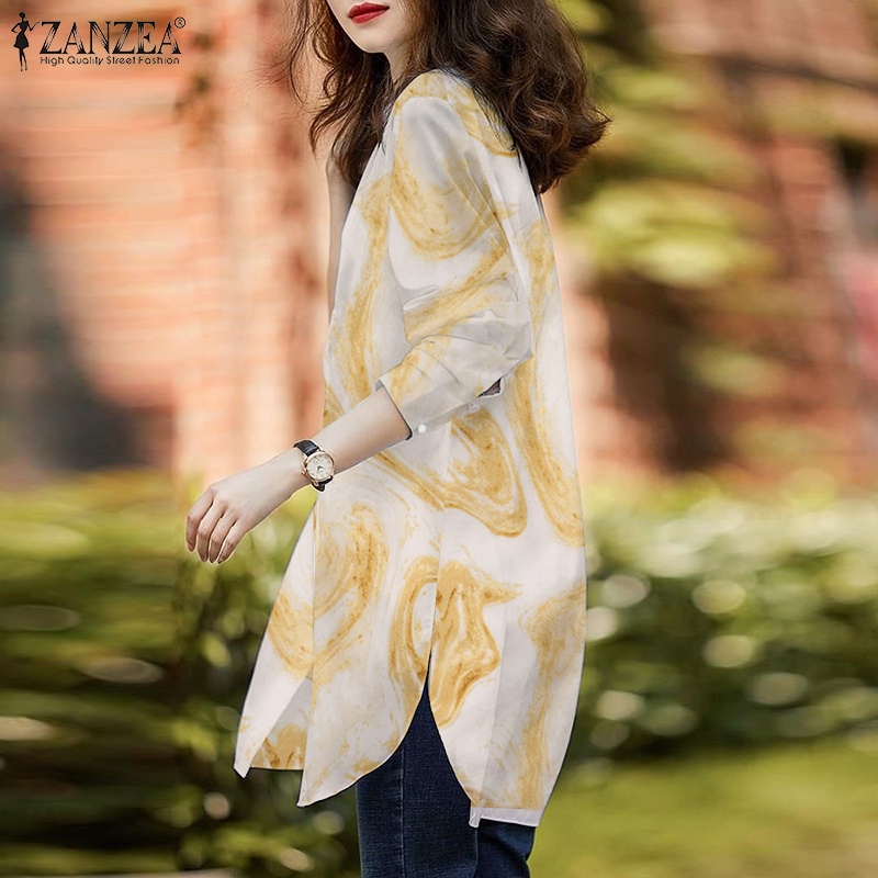Áo kiểu ZANZEA dài tay cổ tròn xẻ tà phối nút thời trang cho nữ