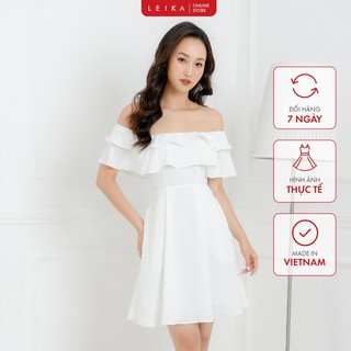 Đầm xòe trễ vai bèo cổ trắng LEIKA chất voan mát, mịn, nữ tính