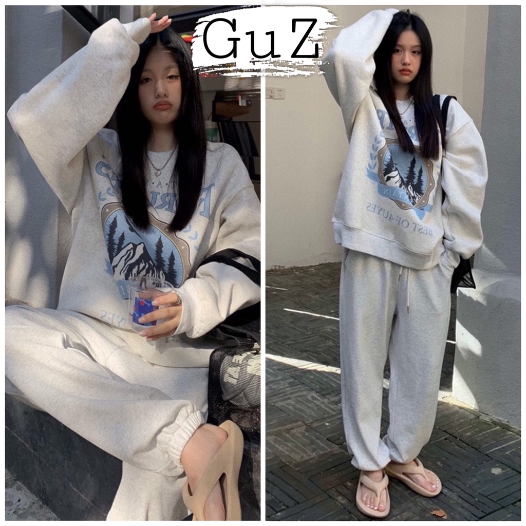 Set bộ nỉ nữ mùa đông Set đồ áo sweater FORUYES cổ tròn dài tay kèm quần bo gấu form thụng basic GuZ