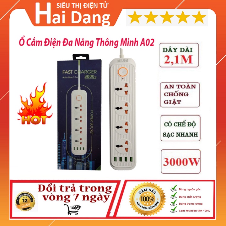 Ổ Điện Cao Cấp A02, Chịu Tải 3000W - Auto Max 3.1A - Ổ Điện Đa Năng Thông Minh An Toàn Chống Giật, Chống Cháy Nổ