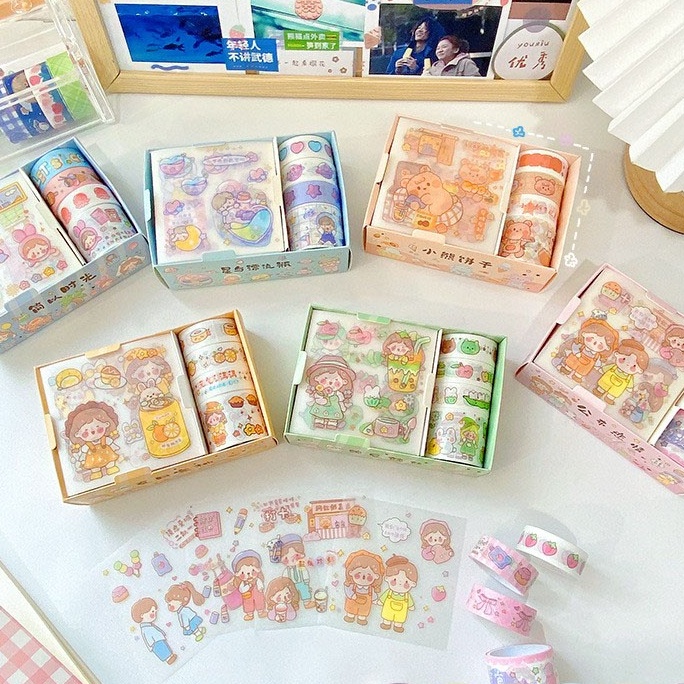 Bộ Băng Keo Washi Họa Tiết Hoạt Hình Kiểu Hàn Quốc Độc Đáo Trang Trí Sổ Tay DIY