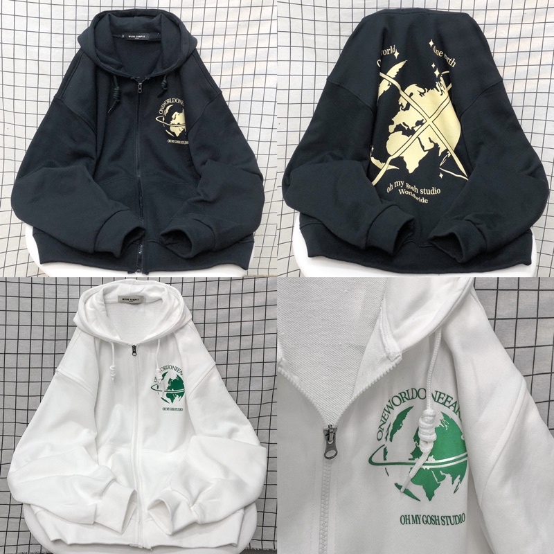 Áo Khoác Hoodie Form Rộng Phối Zip Unisex ONE Vải Chân Cua dày dặn Nấm Store
